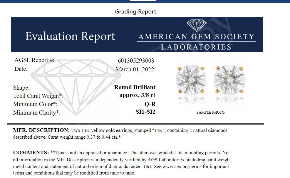 AGS Certified 14k Yellow Gold 3/8 Cttw 4-Prong Set Brilliant Round-Cut Solitaire Diamond Push Back Stud Earrings (Q-R Color, SI1-SI2 Clarity)