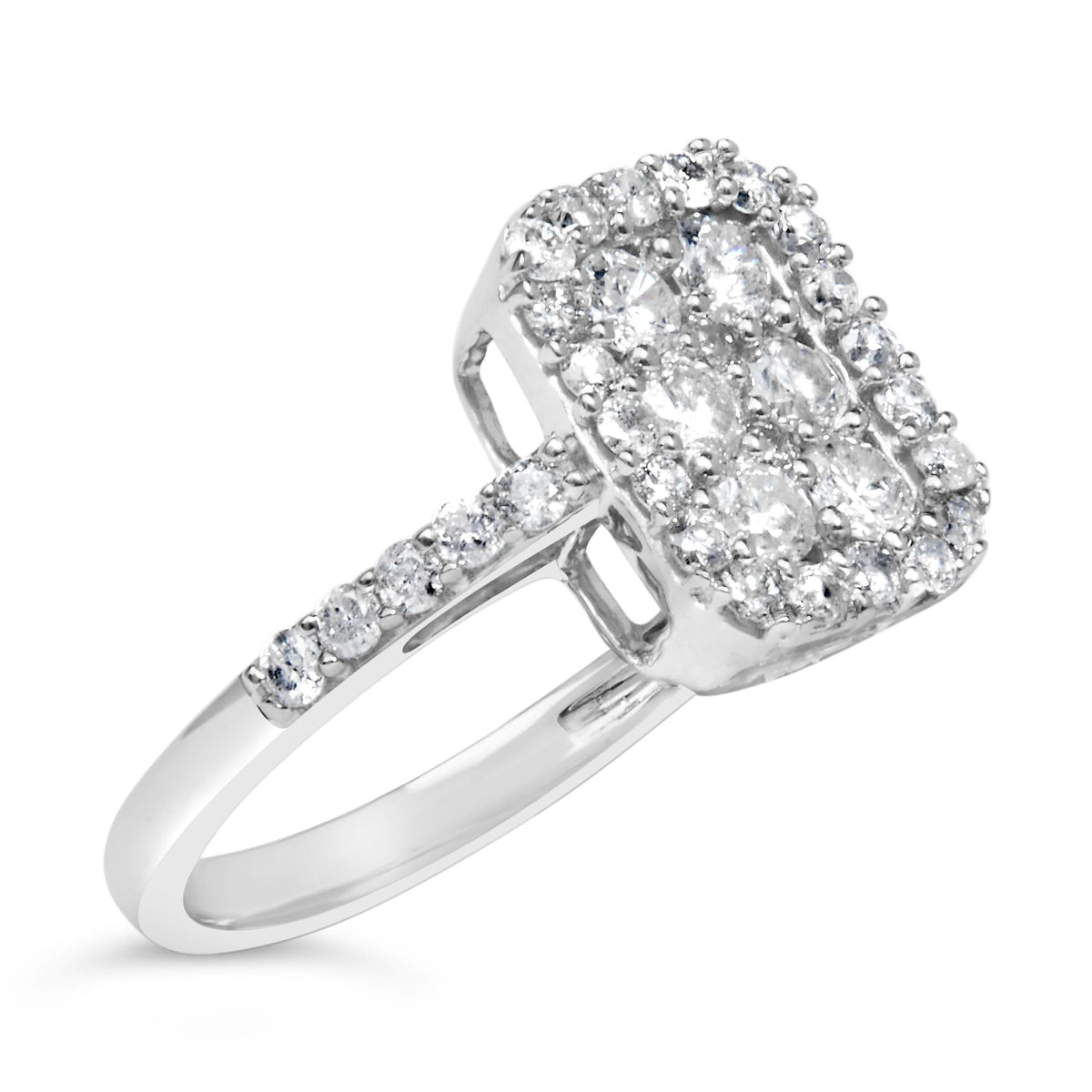 .925 Sterling Silver 1.0 Cttw Diamond Emerald-Shaped Cluster with Halo Cathedral Style Cocktail Ring (I-J Color, I3 Clarity)