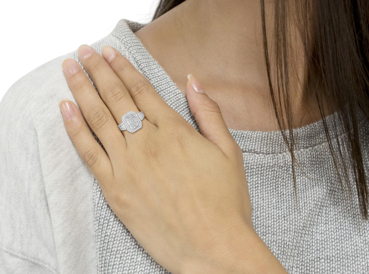.925 Sterling Silver 1.0 Cttw Round and Baguette Cut Diamond Elongated Octagon Shaped Cocktail Ring (H-I Color, I2-I3 Clarity)