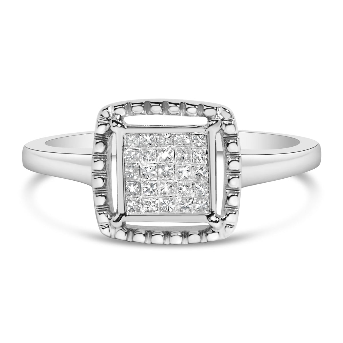 .925 Sterling Silver 1/5 Cttw Invisible Set Princess Cut Diamond Promise Ring with Beaded Halo (H-I Color, I1-I2 Clarity)