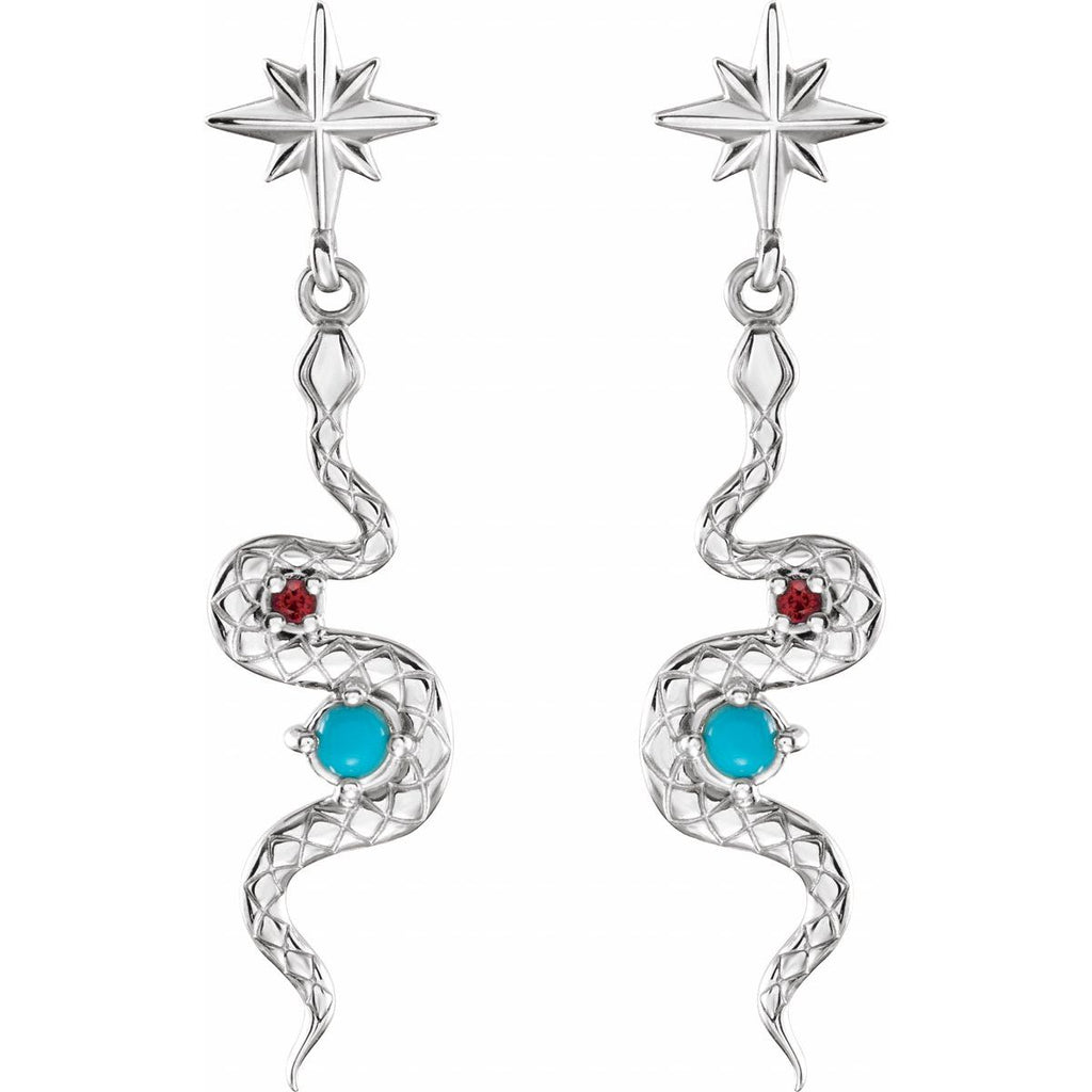 Sterling Silver Natural Turquoise & Natural Ruby Snake Earrings