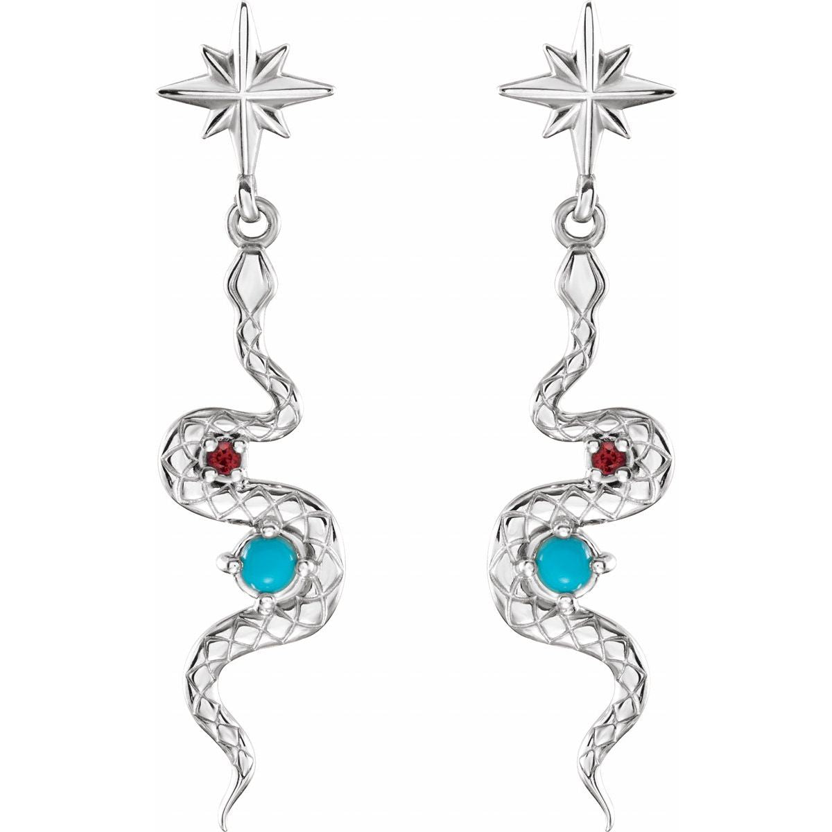 Sterling Silver Natural Turquoise & Natural Ruby Snake Earrings