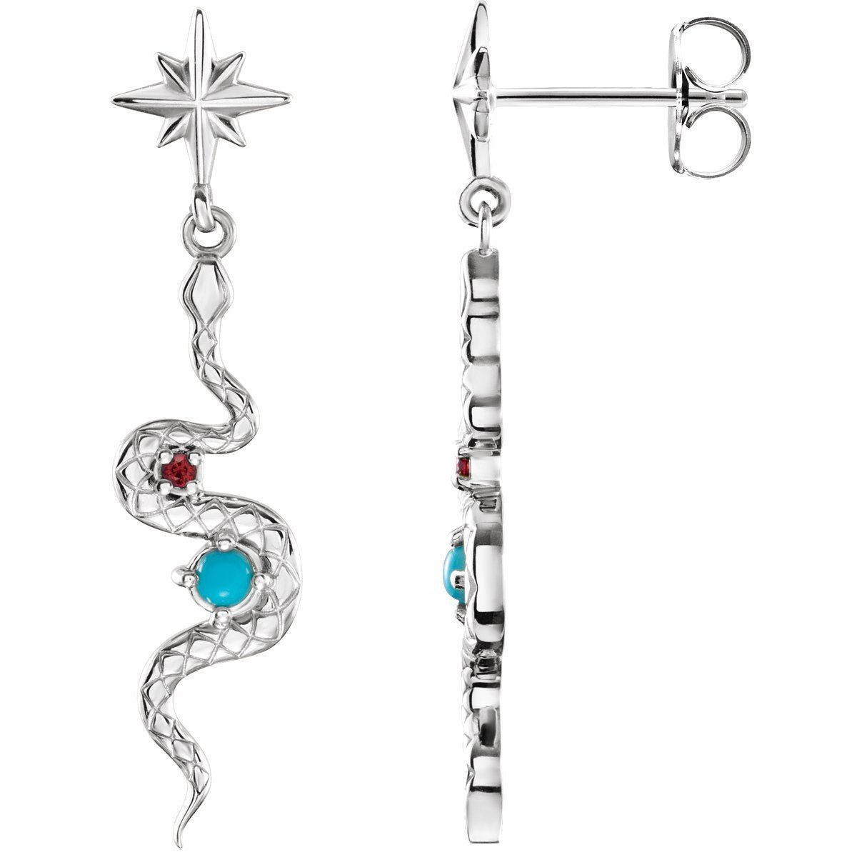 Sterling Silver Natural Turquoise & Natural Ruby Snake Earrings