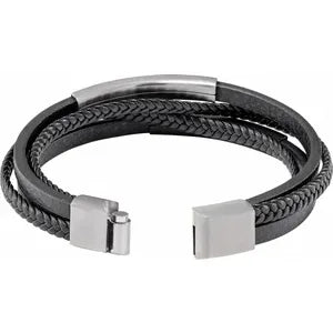 Stainless Steel 11 mm Black Leather Multi-Strand 9" Bracelet