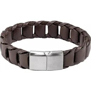 Stainless Steel 17 mm Black Leather 8" Bracelet