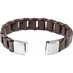 Stainless Steel 17 mm Black Leather 8" Bracelet