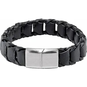 Stainless Steel 17 mm Black Leather 8" Bracelet