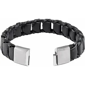 Stainless Steel 17 mm Black Leather 8" Bracelet