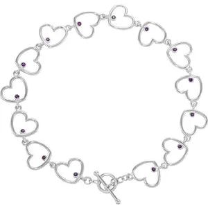 Sterling Silver Amethyst Heart Link 8" Bracelet