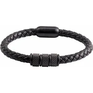 Black PVD Stainless Steel 6 mm Braided Leather 8" Bracelet