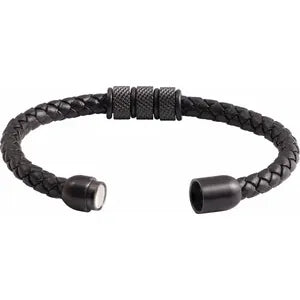 Black PVD Stainless Steel 6 mm Braided Leather 8" Bracelet