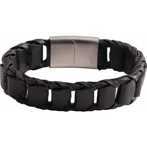 Stainless Steel 17 mm Black Leather 8" Bracelet