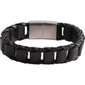 Stainless Steel 17 mm Black Leather 8" Bracelet