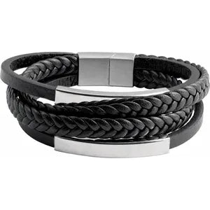 Stainless Steel 11 mm Black Leather Multi-Strand 9" Bracelet
