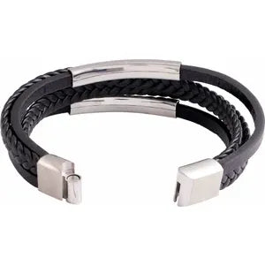 Stainless Steel 11 mm Black Leather Multi-Strand 9" Bracelet