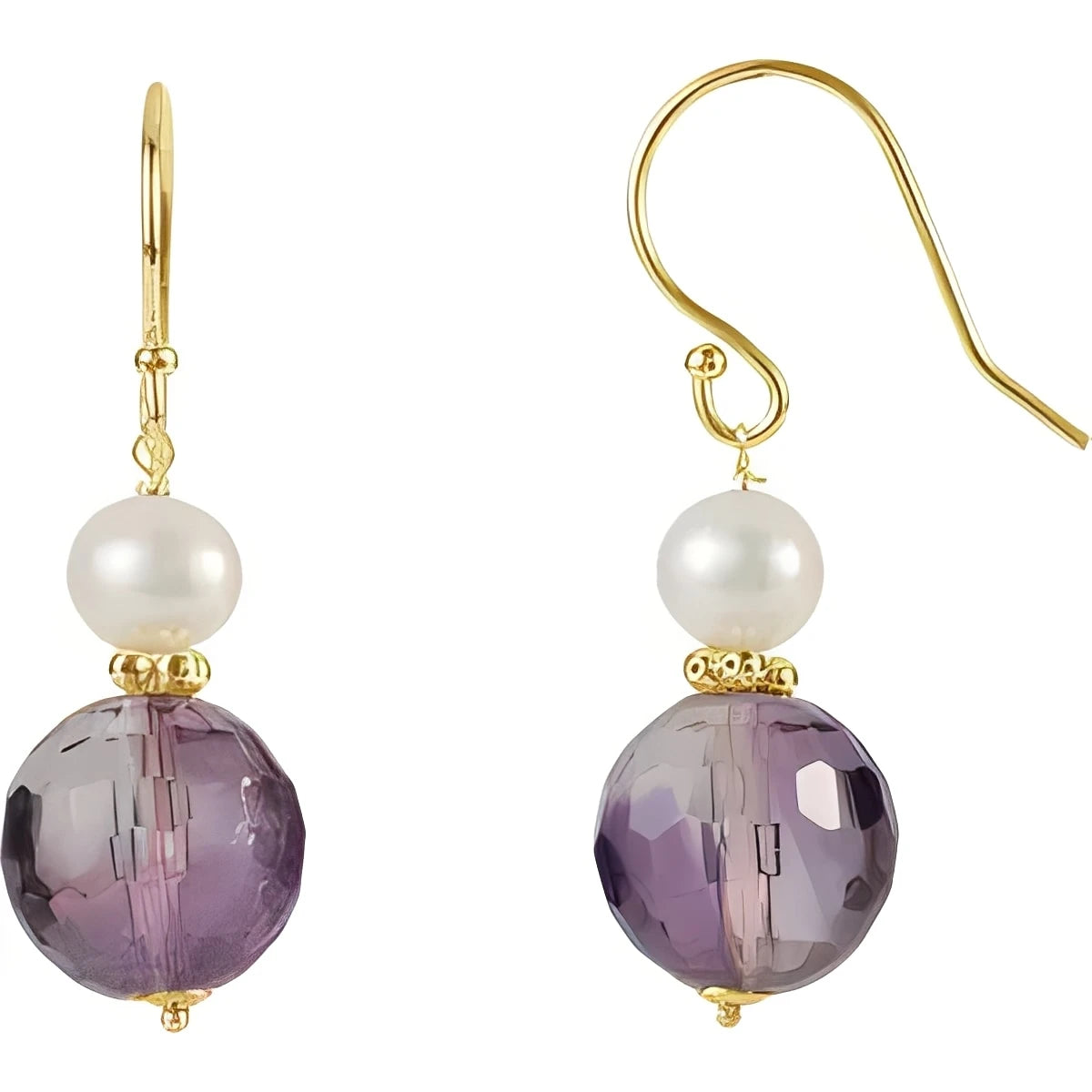 14K Yellow Gold Natural Amethyst & Cultured White Freshwater Pearl Earrings