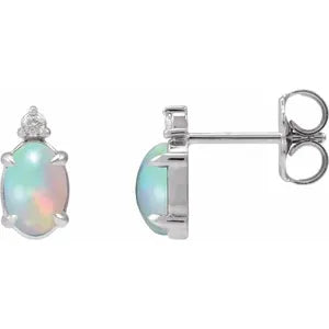Sterling Silver 6x4 mm Natural Ethiopian Opal Cabochon & .03 CTW Natural Diamond Earrings