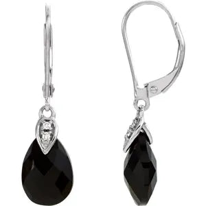 14K White Gold Natural Briolette Onyx & .025 CTW Natural Diamond Earrings
