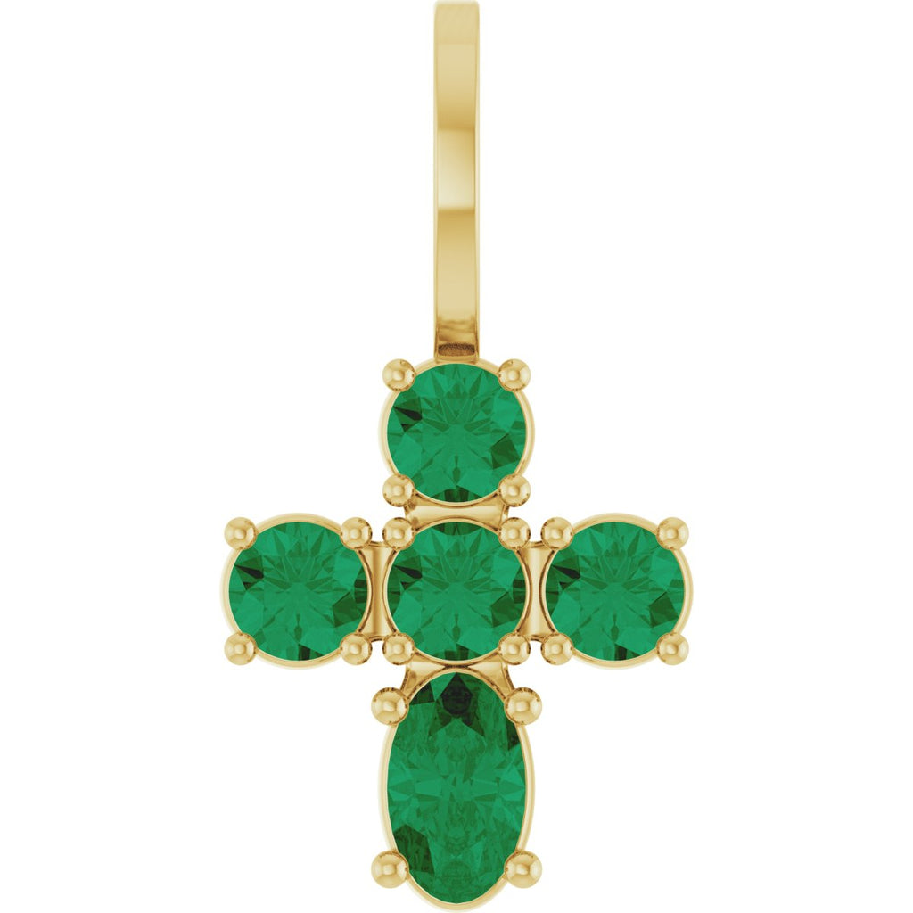14K Yellow Gold Lab-Grown Emerald Cross Charm/Pendant