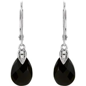 14K White Gold Natural Briolette Onyx & .025 CTW Natural Diamond Earrings