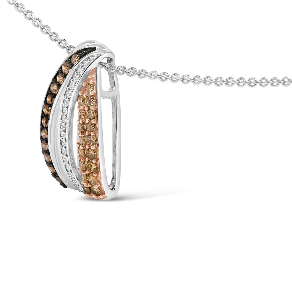 Tri Tone Sterling Silver 1/2 Cttw White and Brown Diamond Pendant Necklace