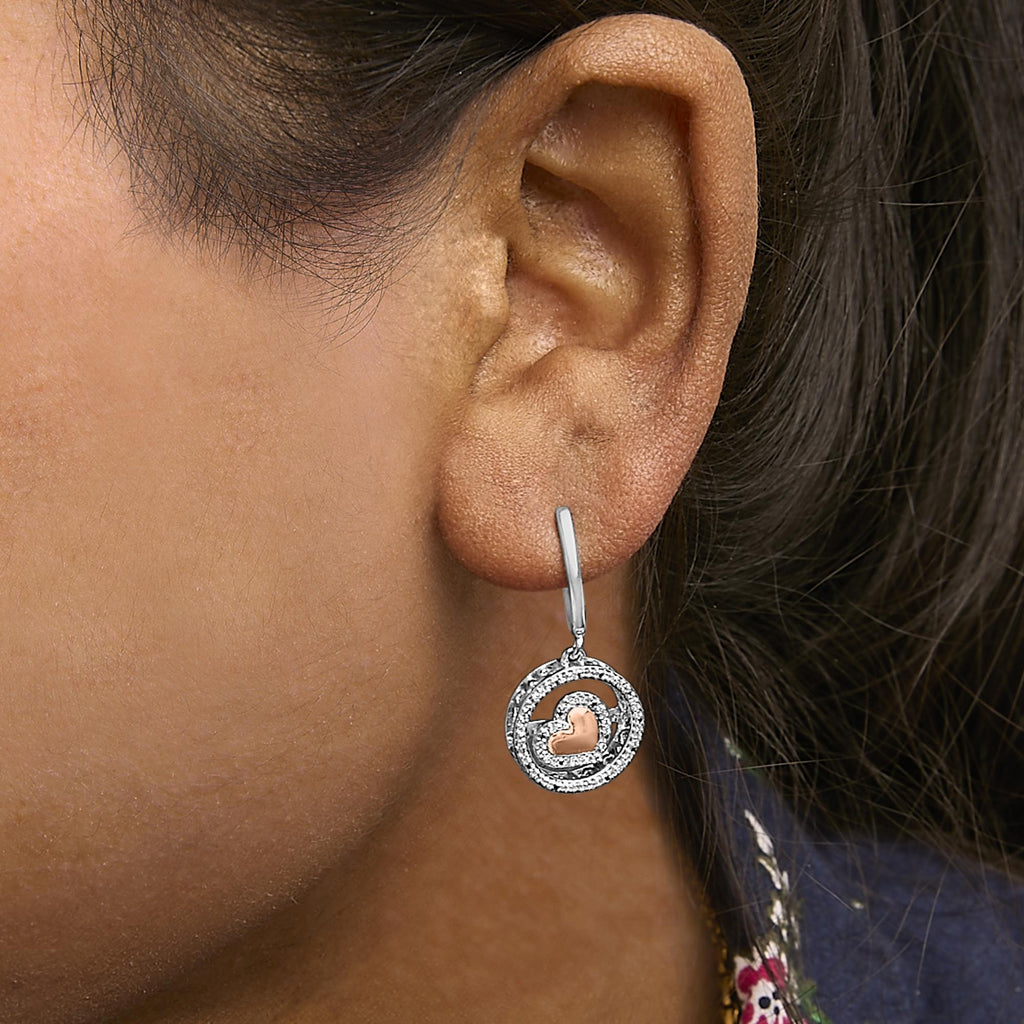 14K Rose Gold Plated .925 Sterling Silver 1/5 Cttw Diamond Circle and Heart Drop Earrings