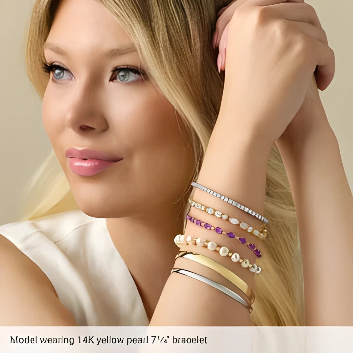 14K Yellow Gold Cultured White Freshwater 7" Bracelet