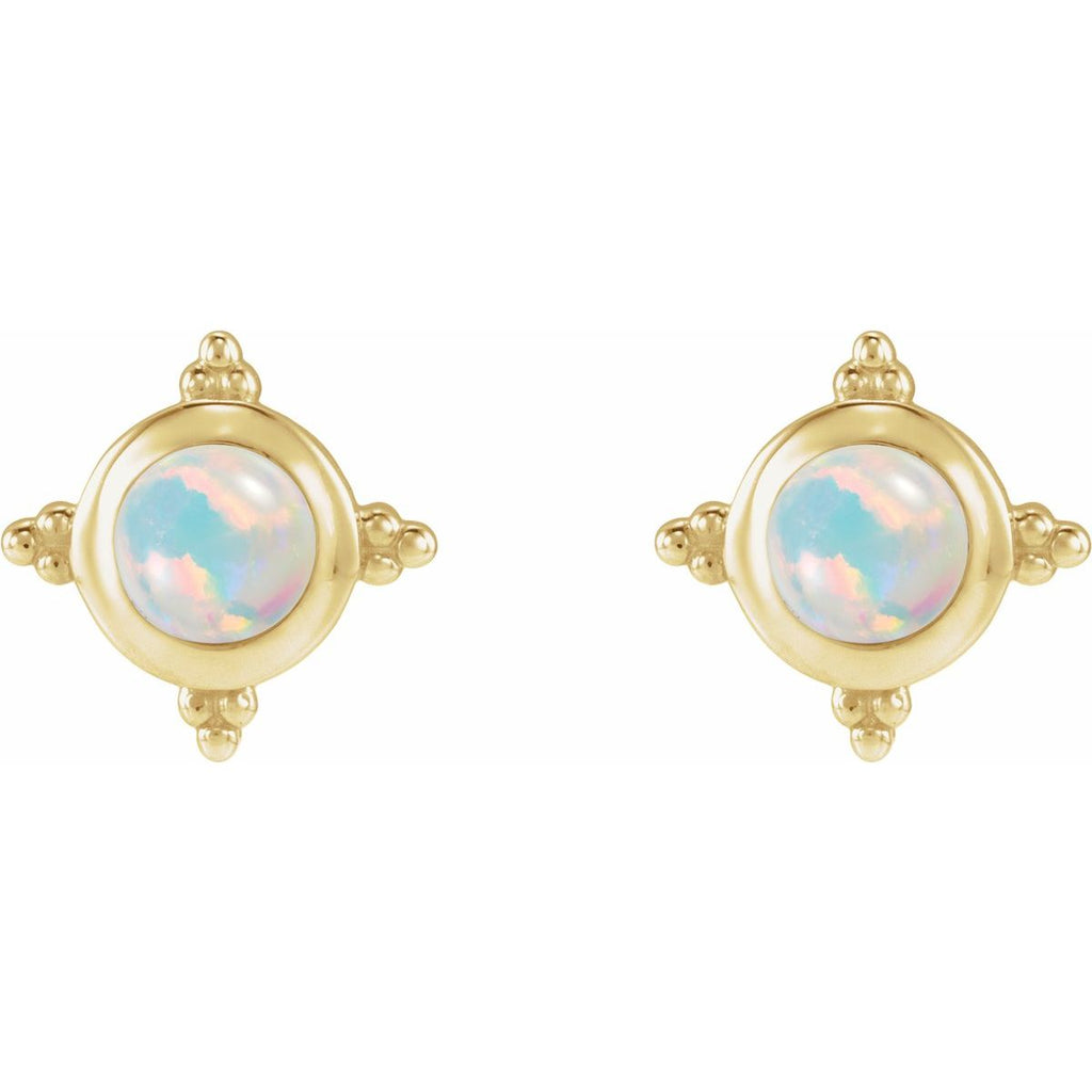 14K Yellow Gold Lab-Grown White Opal Cabochon Stud Earrings