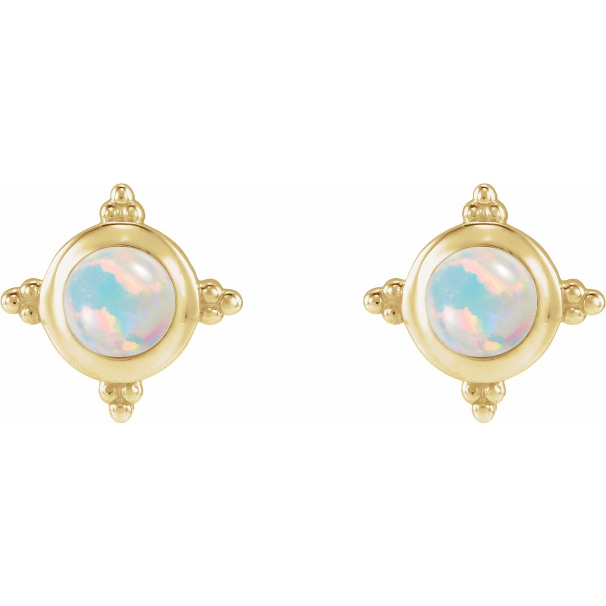 14K Yellow Gold Lab-Grown White Opal Cabochon Stud Earrings
