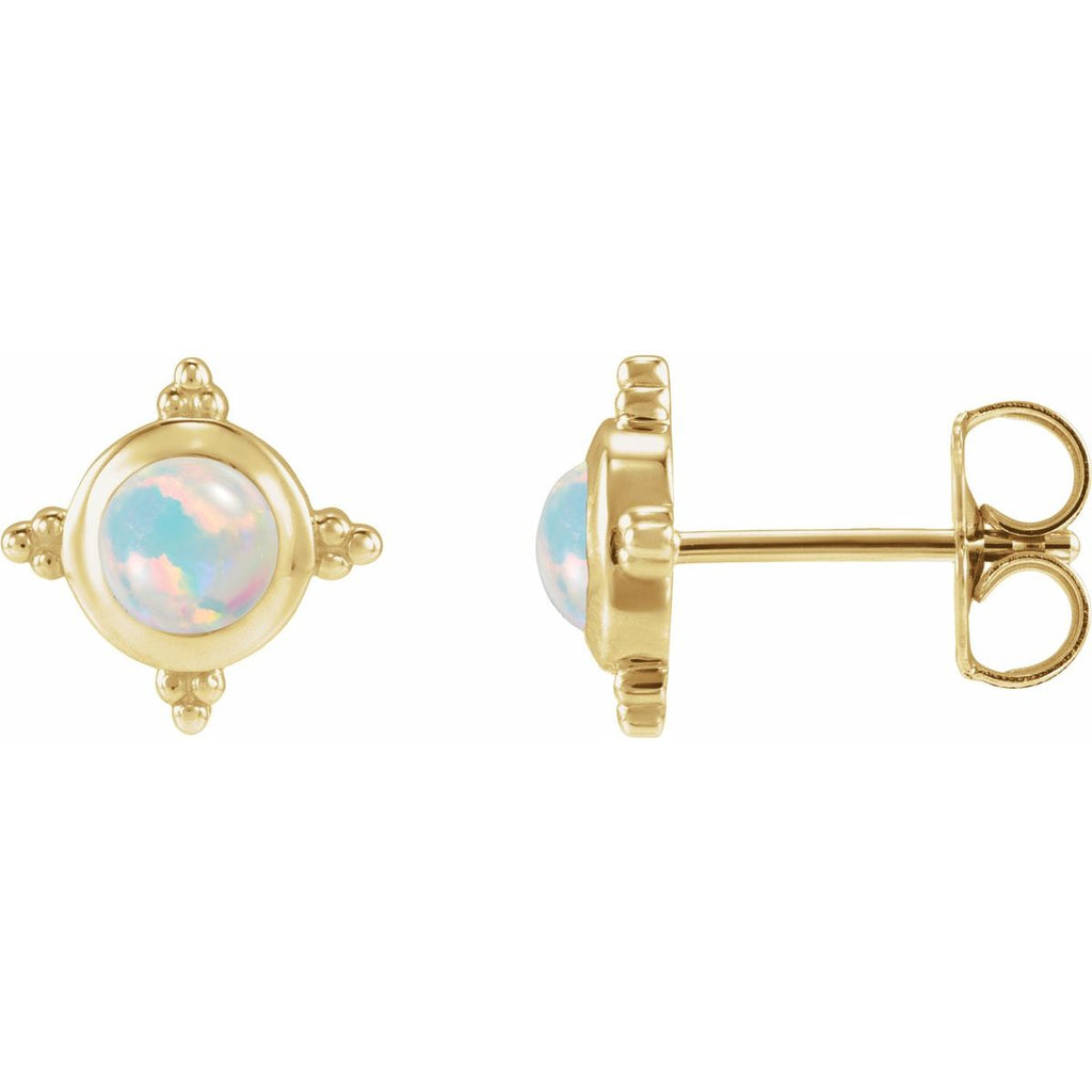 14K Yellow Gold Lab-Grown White Opal Cabochon Stud Earrings