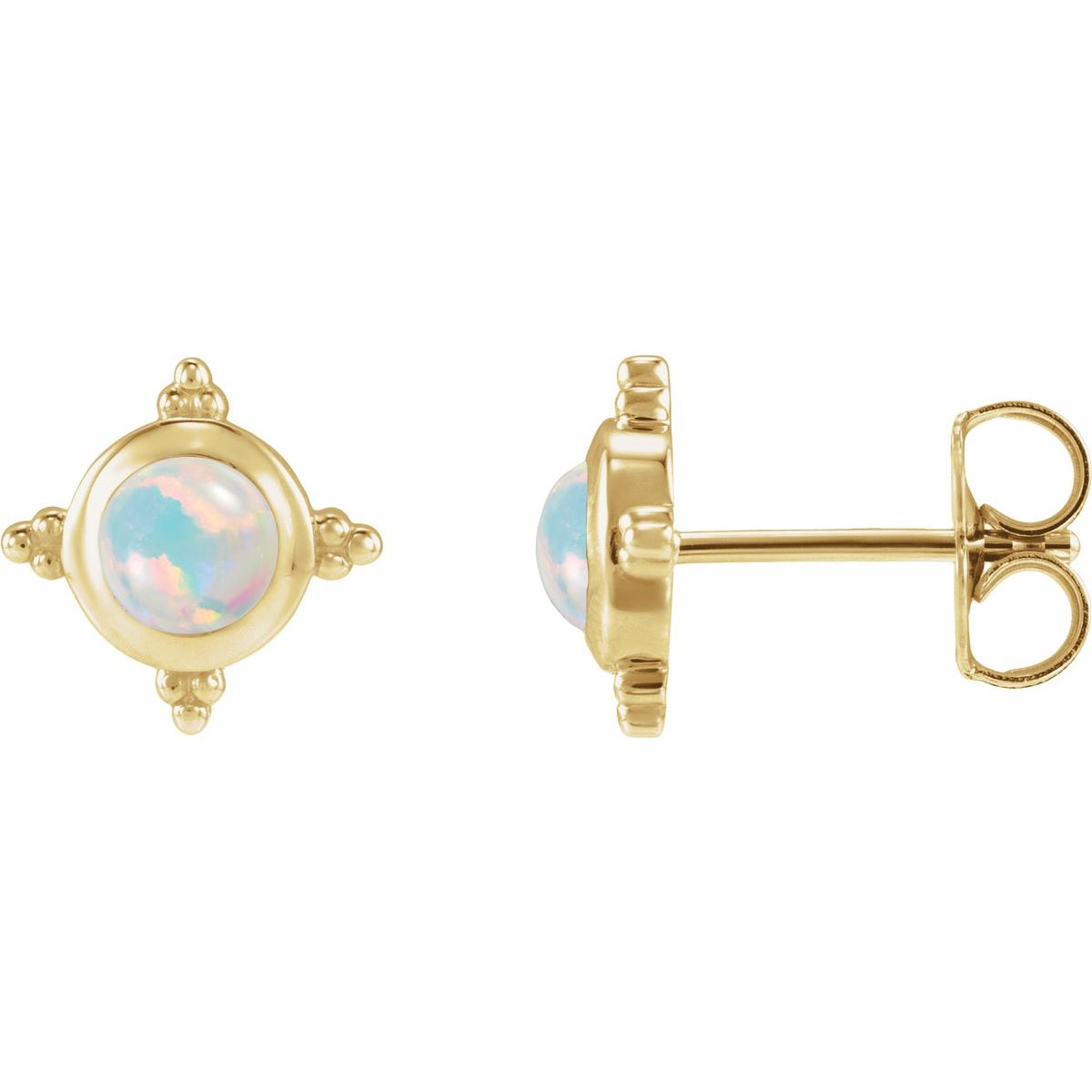 14K Yellow Gold Lab-Grown White Opal Cabochon Stud Earrings
