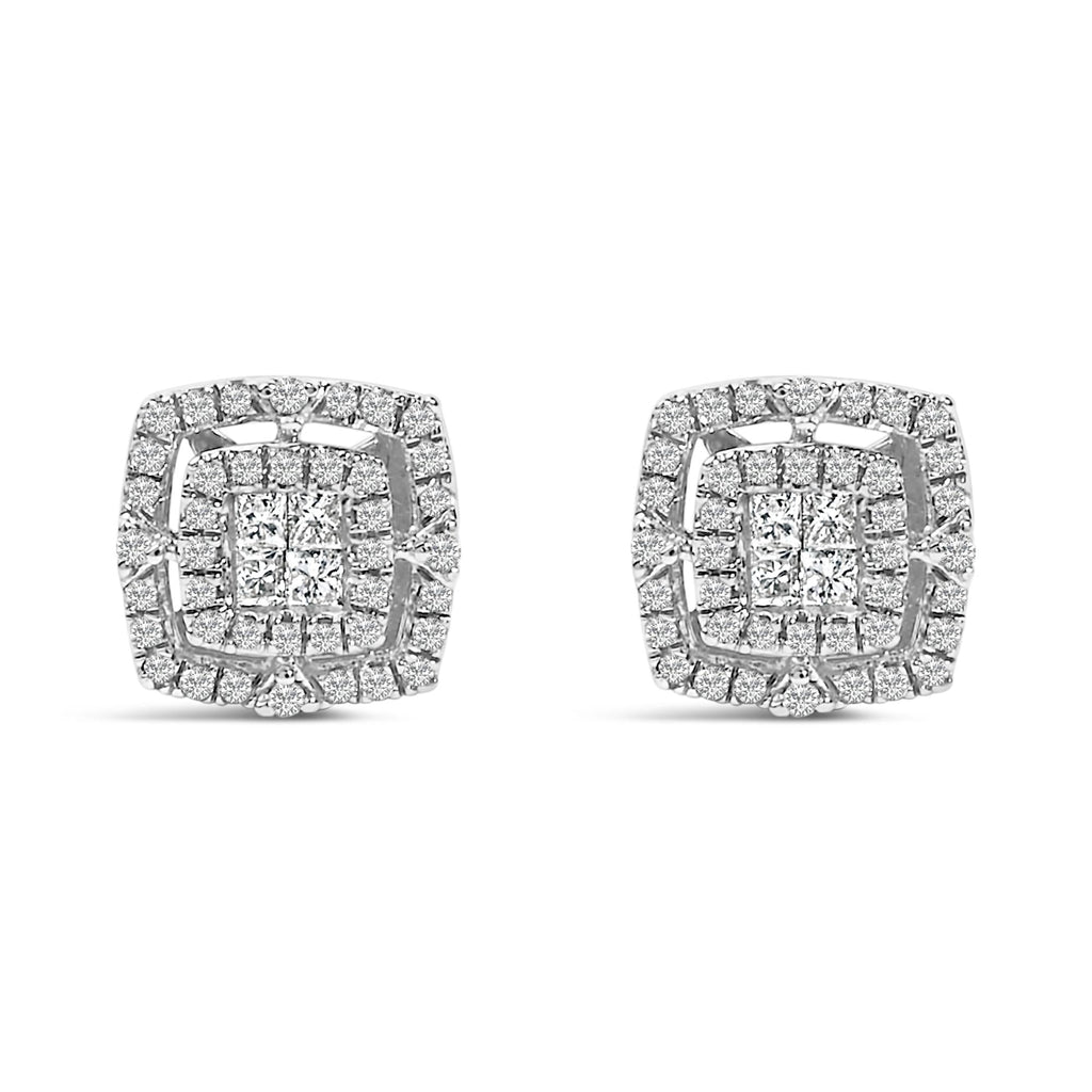 .925 Sterling Silver 1/4 Cttw Diamond Double Halo Cushion Shaped Stud Earrings