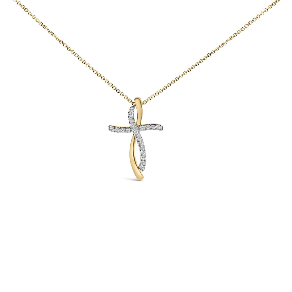 14K Yellow Gold Plated Sterling Silver 1/4 Cttw Diamond Cross Pendant Necklace