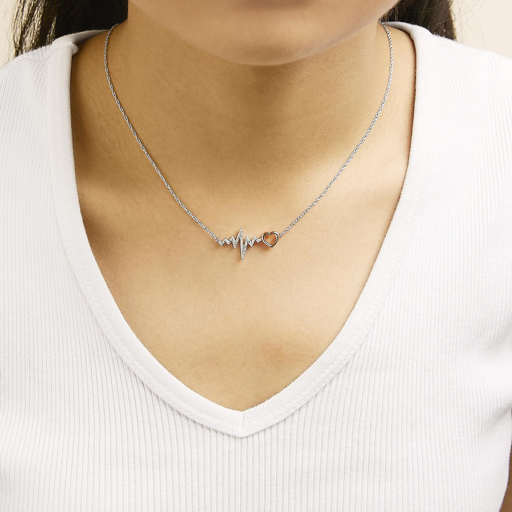 14K Rose Gold Plated Silver Diamond Accent Zig Zag Heart Necklace