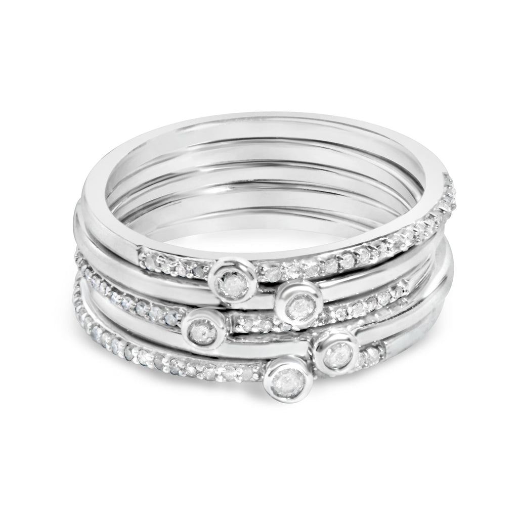 Sterling Silver 3/8 Cttw Diamond Bezel and Pave Set Stackable Ring Set