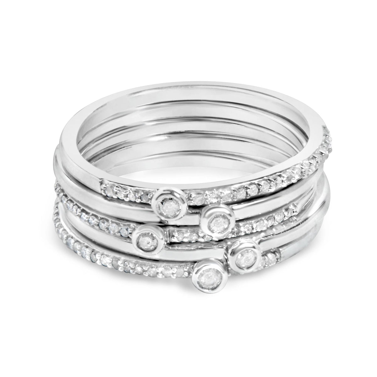 Sterling Silver 3/8 Cttw Diamond Bezel and Pave Set Stackable Ring Set