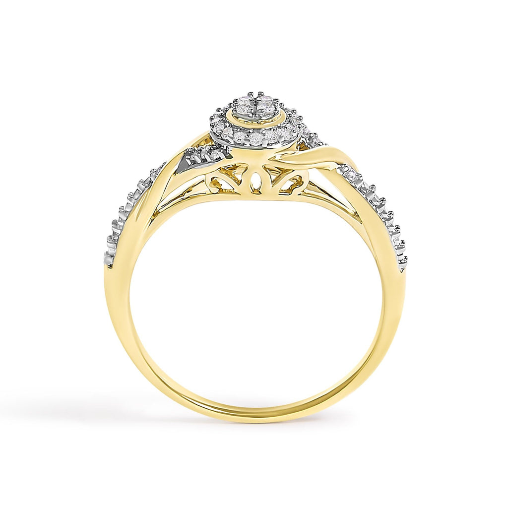 10K Yellow Gold 1/10 Cttw Diamond Swirl and Halo Promise Ring