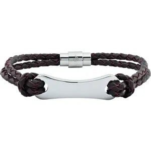 Stainless Steel 3 mm Dark Brown Leather 8 1/2" Bracelet