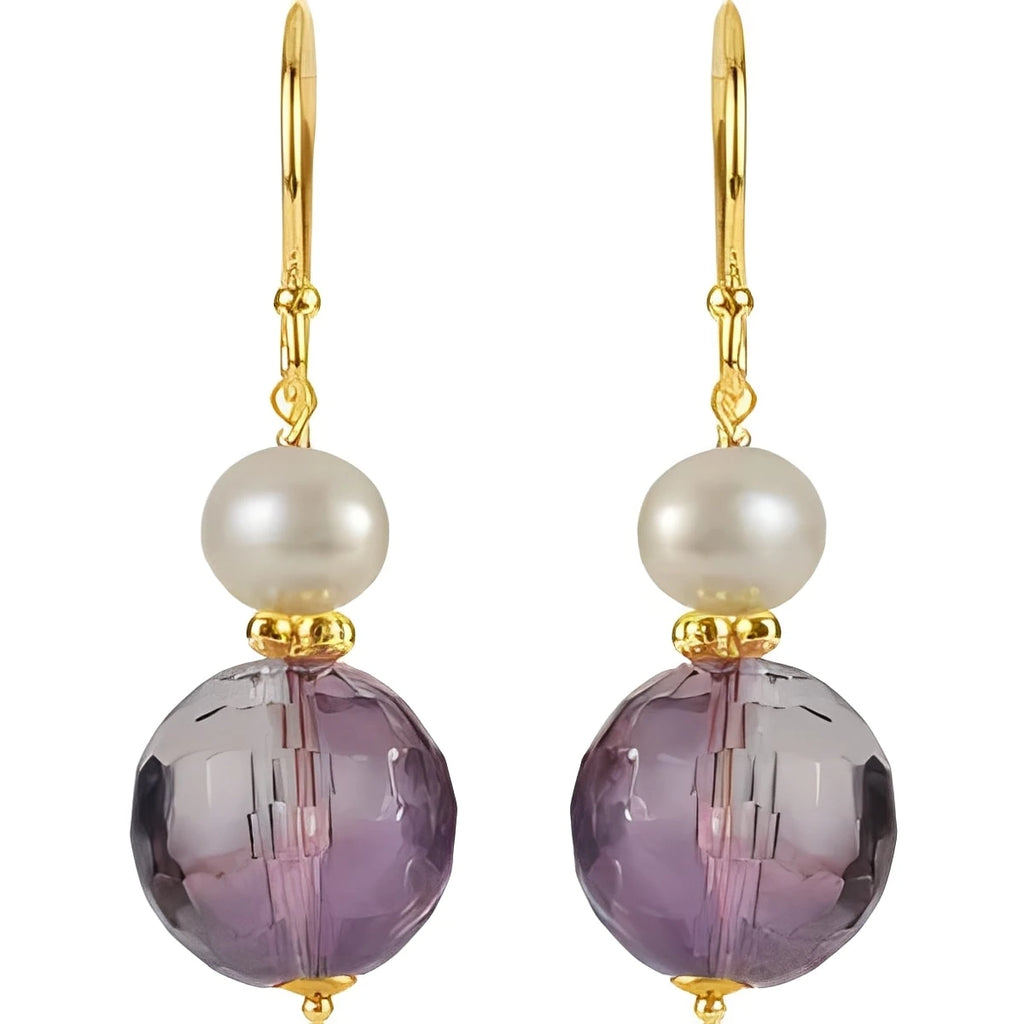 14K Yellow Gold Natural Amethyst & Cultured White Freshwater Pearl Earrings