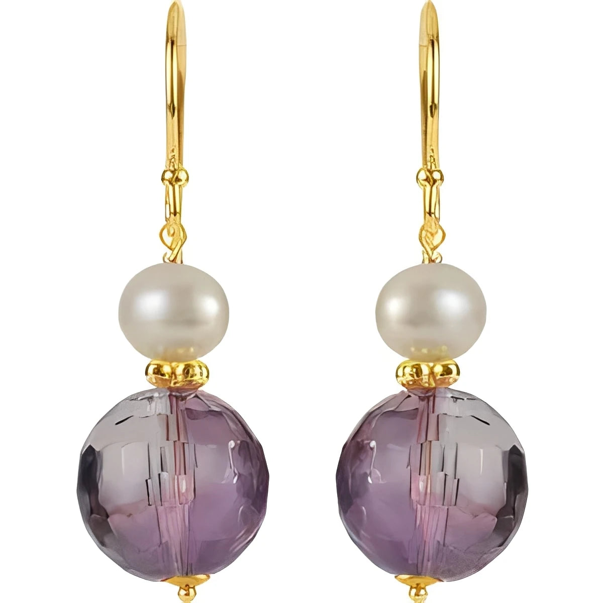 14K Yellow Gold Natural Amethyst & Cultured White Freshwater Pearl Earrings
