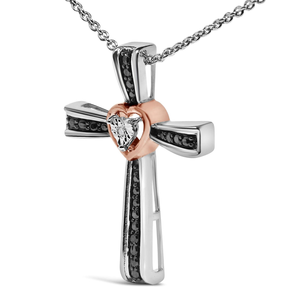 14K Rose Gold Plated Sterling Silver Black Rhodium Diamond Accent Heart Cross Pendant Necklace