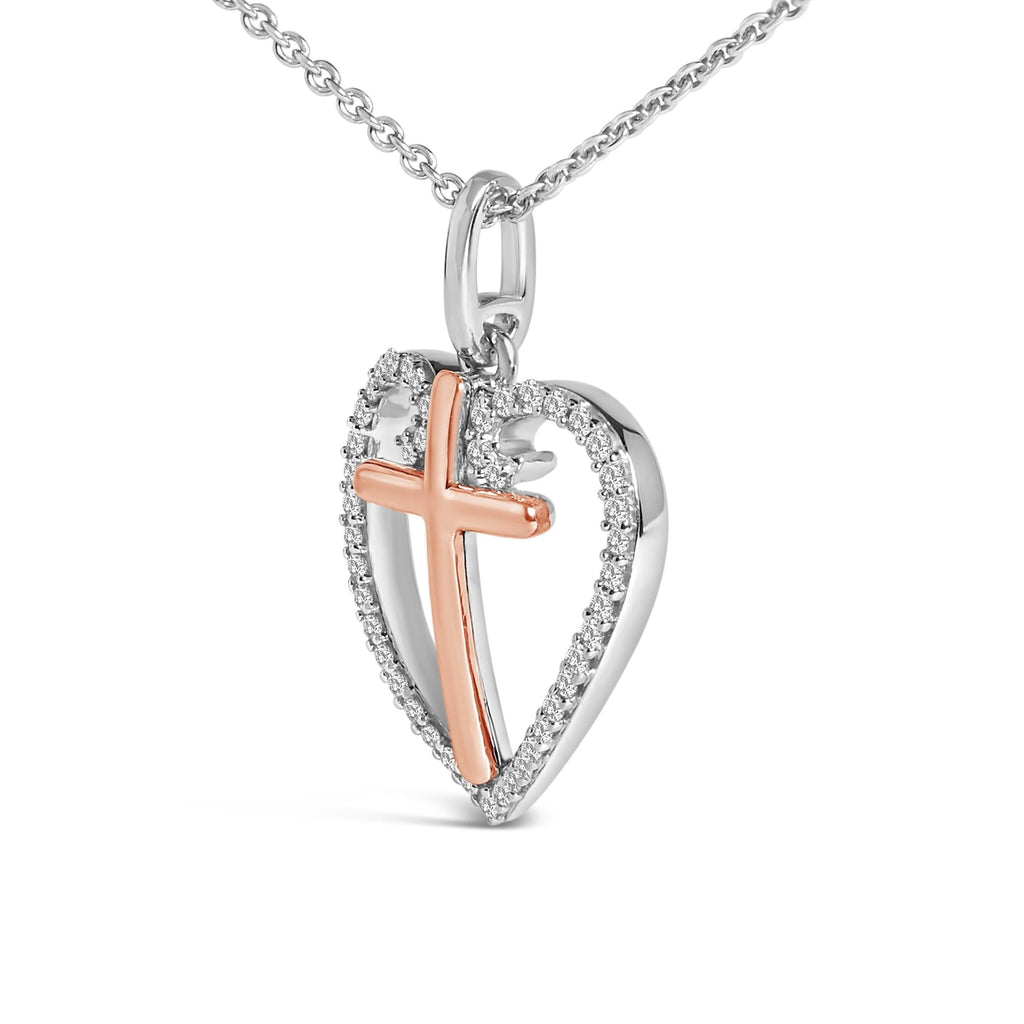 14K Rose Gold Plated Sterling Silver 1/5 Cttw Diamond Heart Cross Pendant Necklace