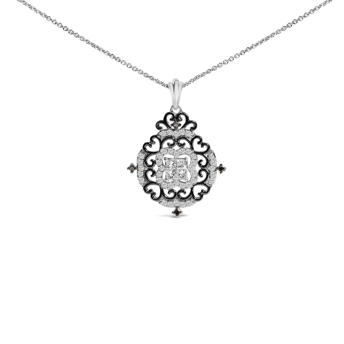 Black Rhodium Plated Sterling Silver 3/4 Cttw Diamond Ornate Medallion Pendant Necklace
