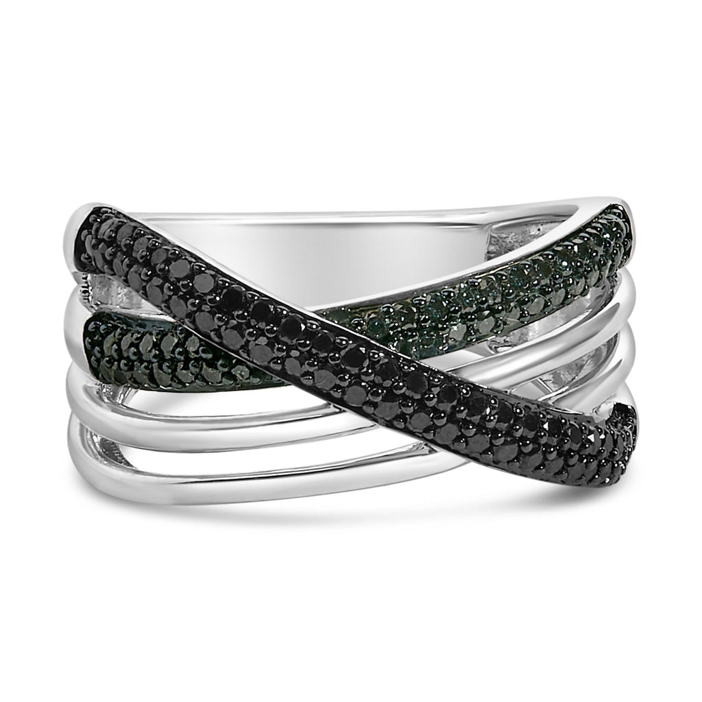 Sterling Silver 1/2 Cttw Black and Blue Diamond Crossover Bypass Ring