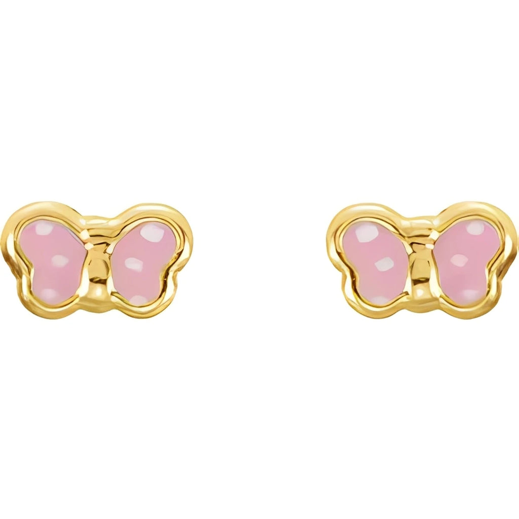 14K Yellow Gold Pink Enamel Butterfly Earrings