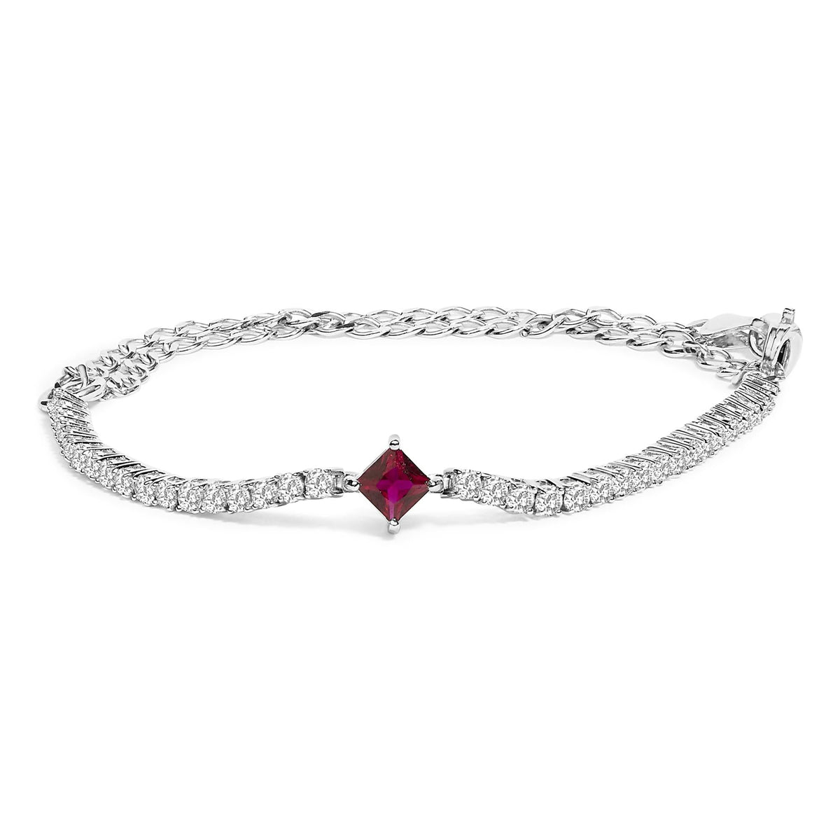 .925 Sterling Silver Created Ruby and Sapphire Adjustable Tennis Chain Bracelet