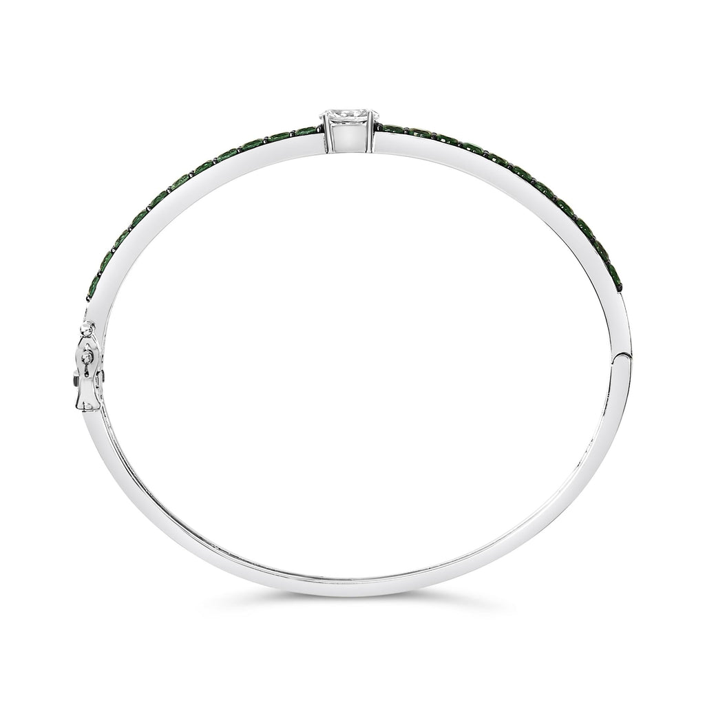 .925 Sterling Silver Created Sapphire and Emerald Semi Eternity Bangle Bracelet - 7" Inches