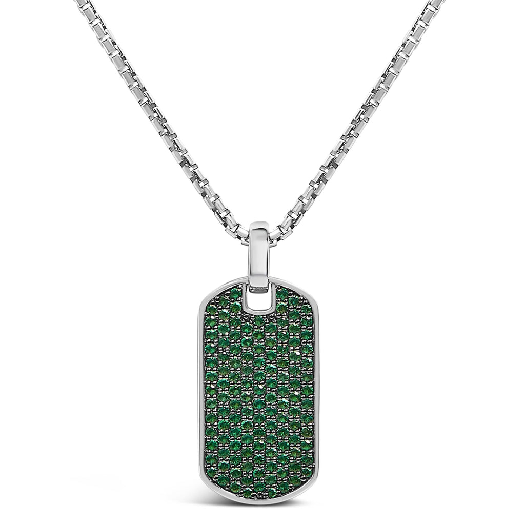 Men's .925 Sterling Silver Created Green Emerald Dog Tag Pendant Necklace - 22" Inches