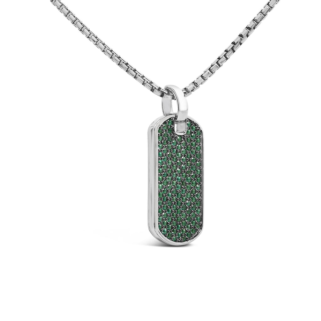Men's .925 Sterling Silver Created Green Emerald Dog Tag Pendant Necklace - 22" Inches