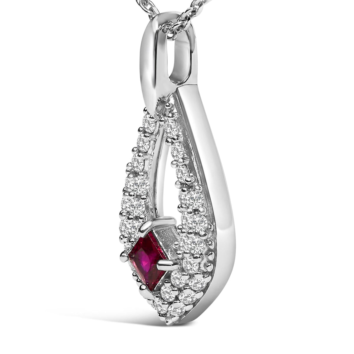 .925 Sterling Silver Created Red Ruby and White Sapphire Pear Shaped Pendant Necklace - 18" Inches
